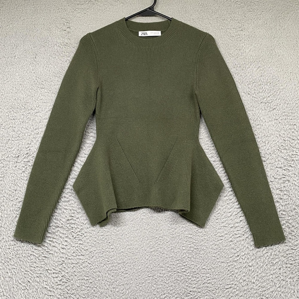 Zara Sweater Womens Medium Green Peplum Rib Knit Crew Neck Work Office Capsule